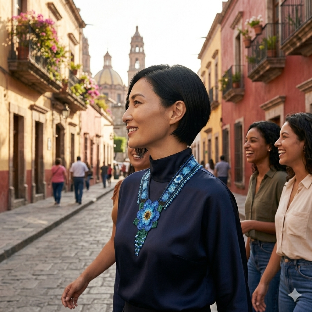 Femme marchant avec des amies dans une rue colorée de Guadalajara, portant le collier perlé bleu en pleine lumière naturelle.