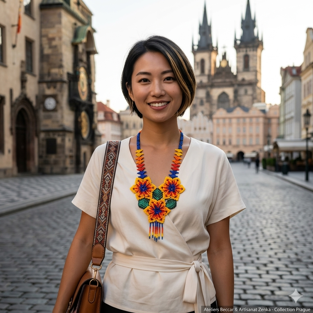 Femme  élégante portant un collier de perles multicolore devant l'horloge astronomique de Prague lors d'un shooting professionnel.