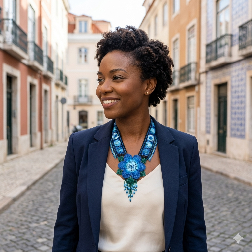 Portrait de profil d'une femme d'affaires noire portant le collier fleuri bleu sur un blazer marine dans les rues pavées de Lisbonne.