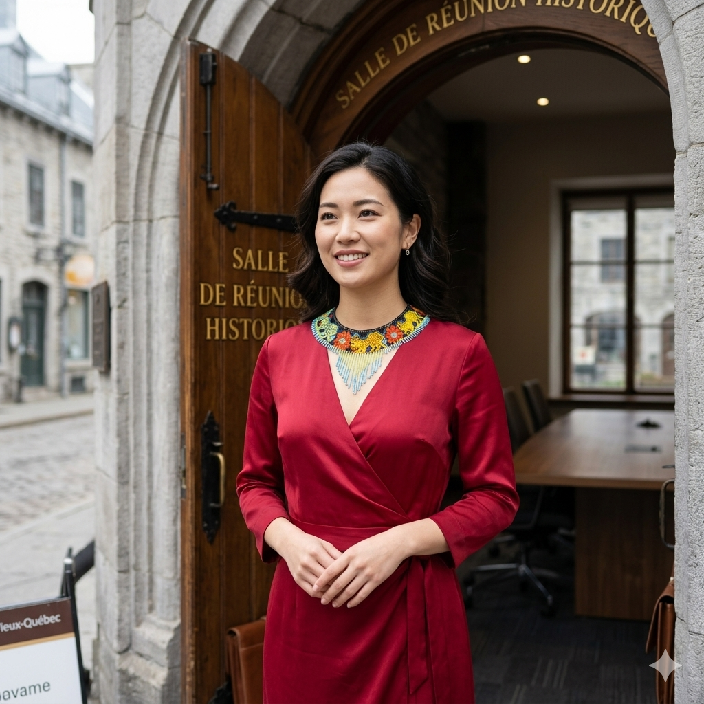 Femme d'affaires devant une salle de réunion historique dans le Vieux-Québec, portant le collier perlé sur une robe rouge élégante.