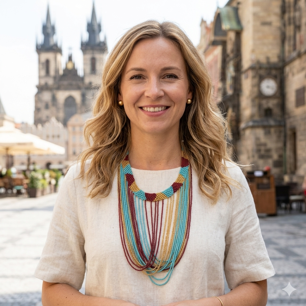 Portrait d'une femme blonde souriante portant un collier de perles multicouches Artisanat Zenka, avec la Place de la Vieille Ville de Prague et l'église de Týn en arrière-plan.