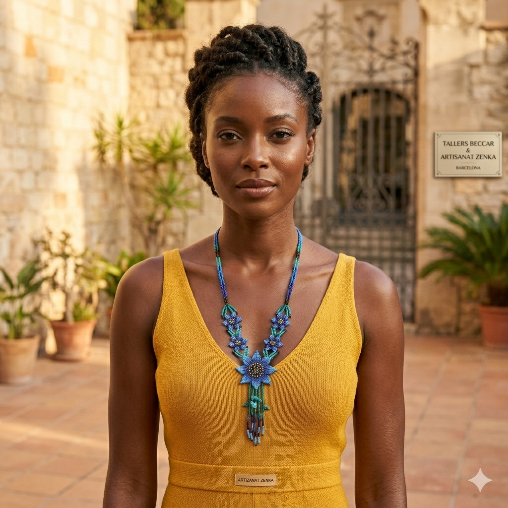 Mannequin professionnelle portant le collier floral en perles bleues sur un haut jaune moutarde, photographiée dans un patio historique à Barcelone pour les Ateliers Beccar.