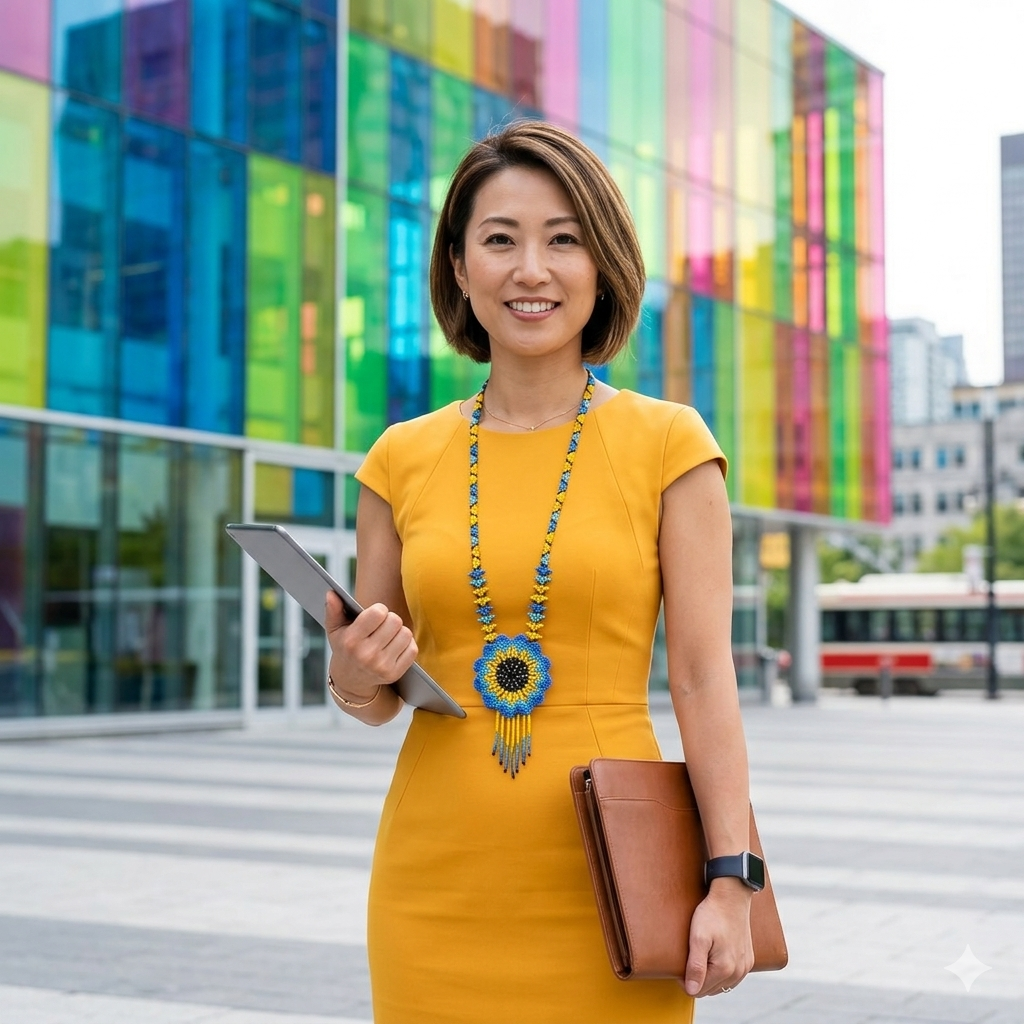 Femme d'affaires devant le Palais des congrès de Montréal portant le collier tournesol sur une robe jaune moderne.