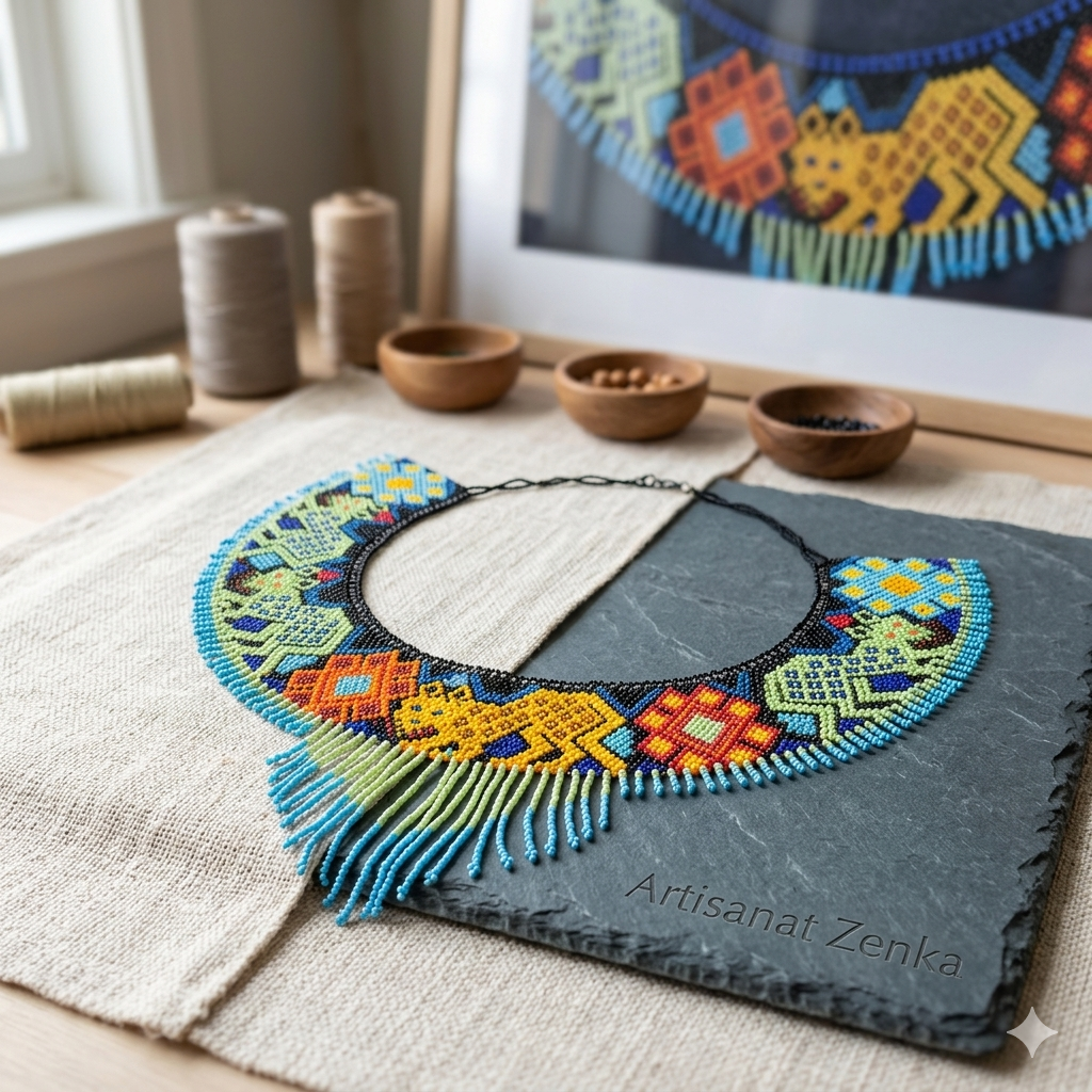 Le collier perlé disposé professionnellement sur une plaque d'ardoise avec l'inscription "Artisanat Zenka", entouré d'outils de création artisanale.