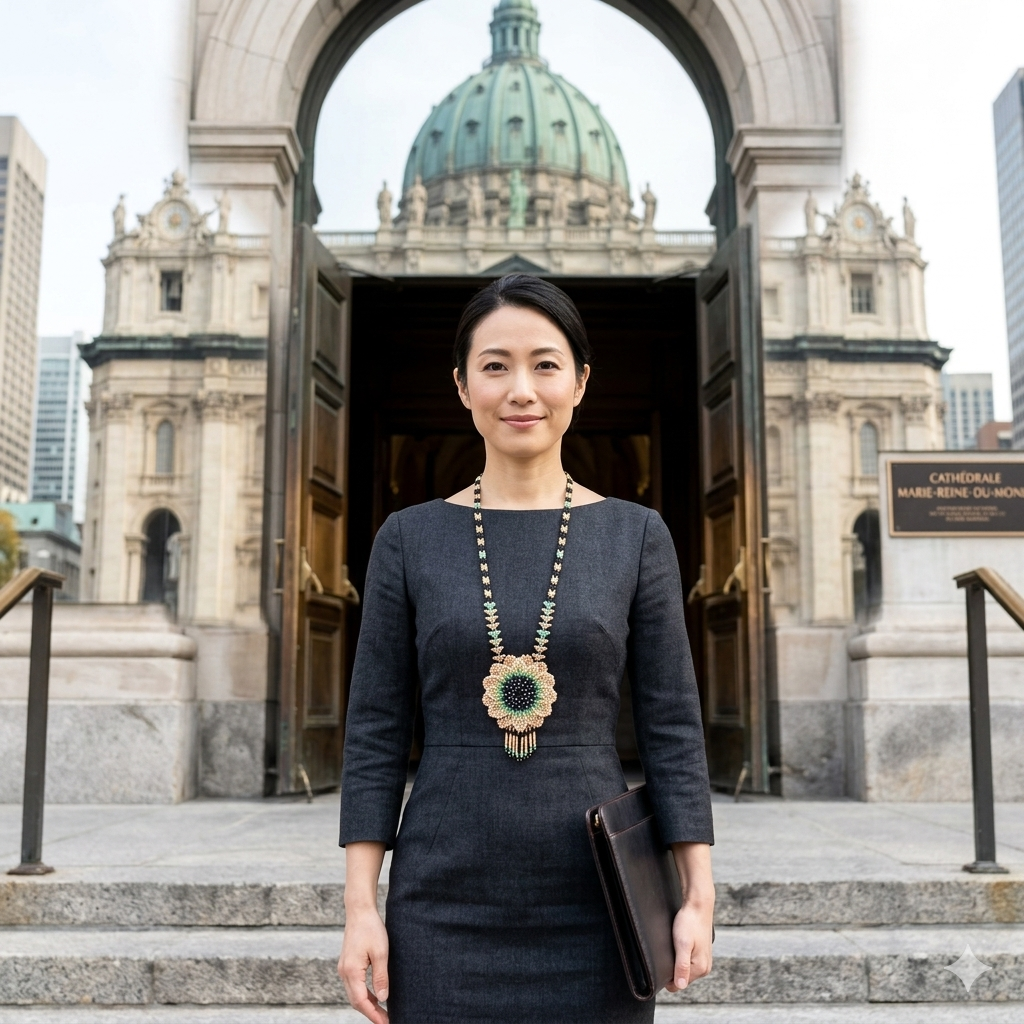 Femme d'affaires élégante en robe grise devant la Cathédrale Marie-Reine-du-Monde à Montréal, portant un collier de perles tournesol Artisanat Zenka.