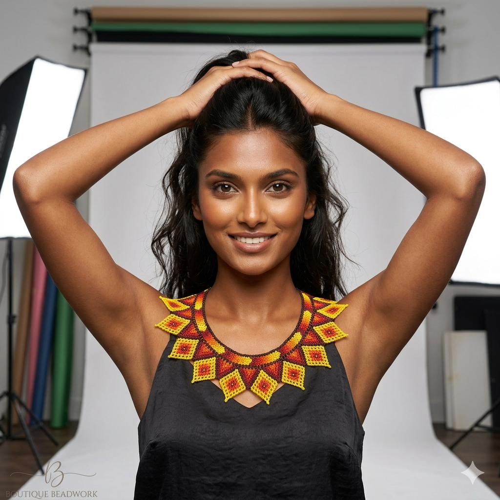 Mannequin indienne posant en studio avec les mains dans les cheveux pour mettre en valeur un collier perlé artisanal vibrant.