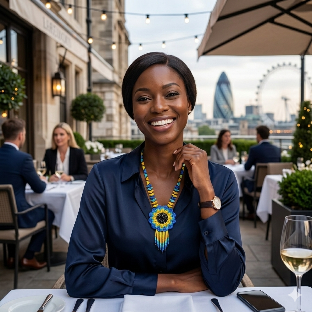 Femme professionnelle lors d'un dîner en plein air à Londres, mettant en valeur le collier perlé avec le London Eye en arrière-plan.