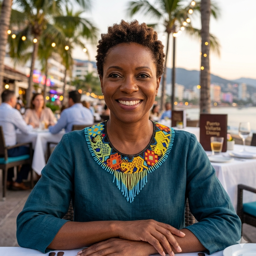 Portrait d'une femme professionnelle noire souriante portant le collier artisanal lors d'un dîner en plein air au bord de l'eau à Puerto Vallarta.
