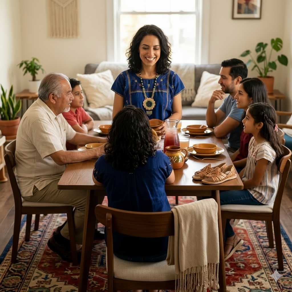 Femme souriante portant un collier tournesol artisanal lors d'un repas de famille chaleureux, mettant en valeur le style universel et culturel des Ateliers Beccar.
