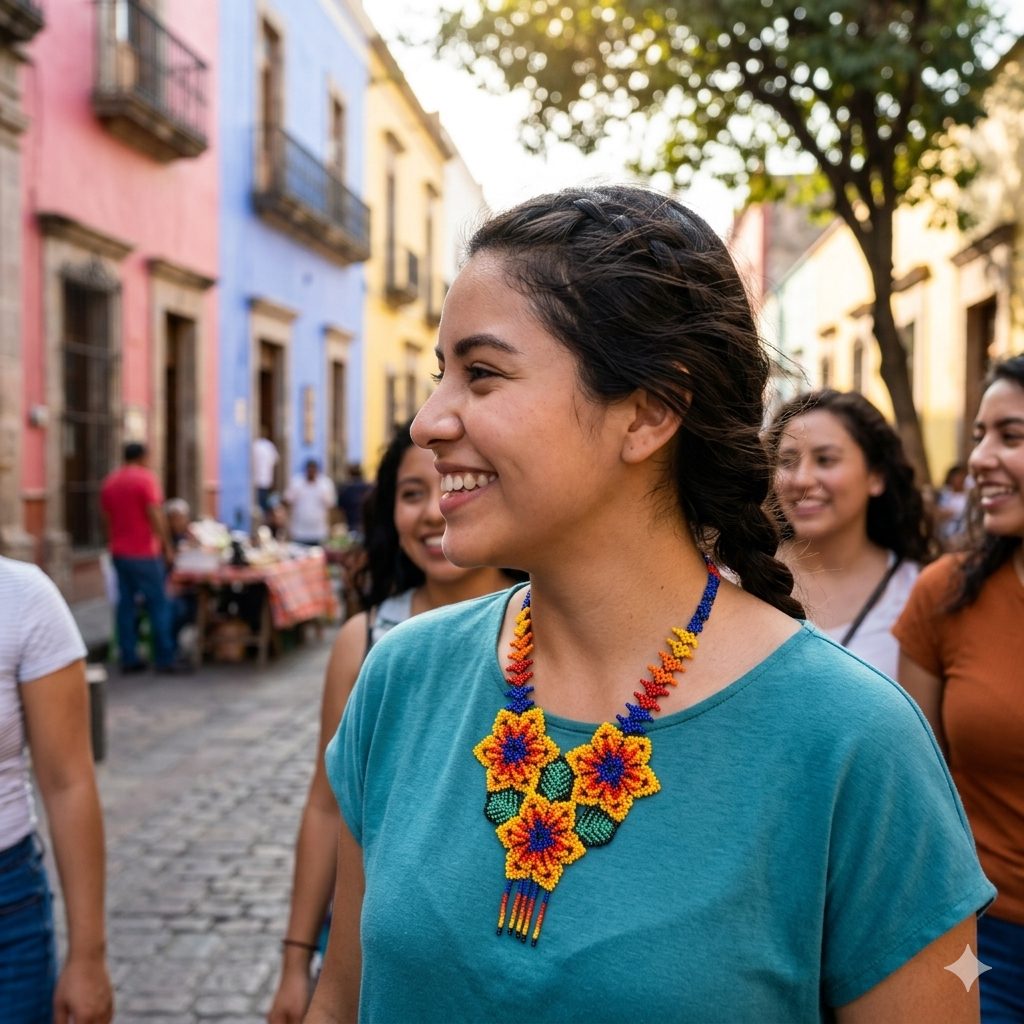 Portrait de profil d'une femme souriante portant un collier artisanal aux motifs floraux dans une rue colorée de Guadalajara au Mexique.