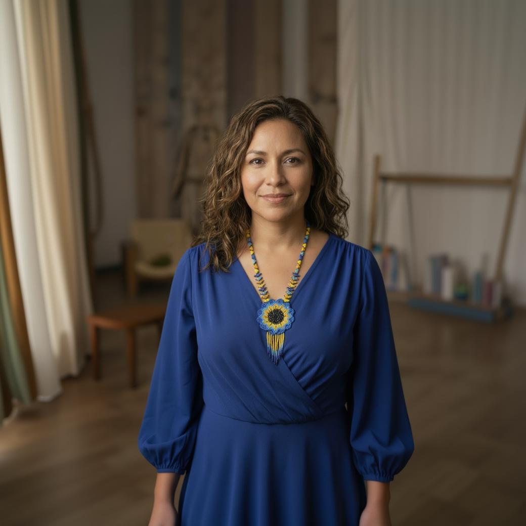 Portrait d'une femme portant le collier perlé tournesol bleu et jaune sur un haut sombre, mettant en valeur les détails artisanaux.