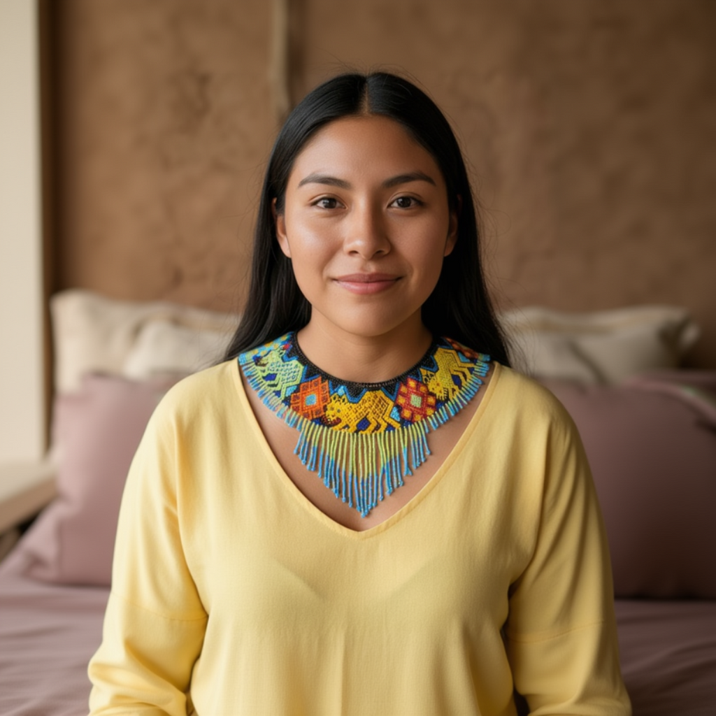 Gros plan d'une femme portant le collier artisanal multicolore mettant en valeur les détails du travail des perles et les motifs traditionnels.