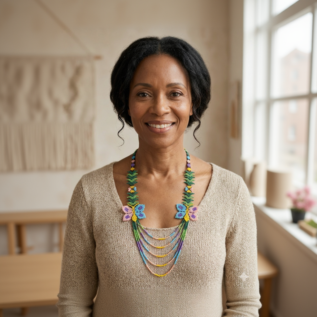 Gros plan d'une femme souriante portant un collier artisanal aux motifs géométriques et papillons colorés.