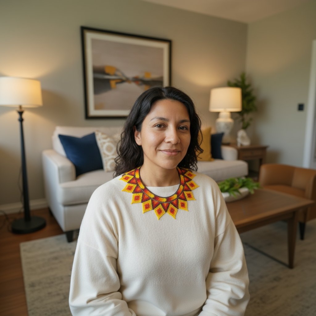 Gros plan d'une femme portant le collier perlé coloré sur un haut noir, soulignant les détails artisanaux des perles.