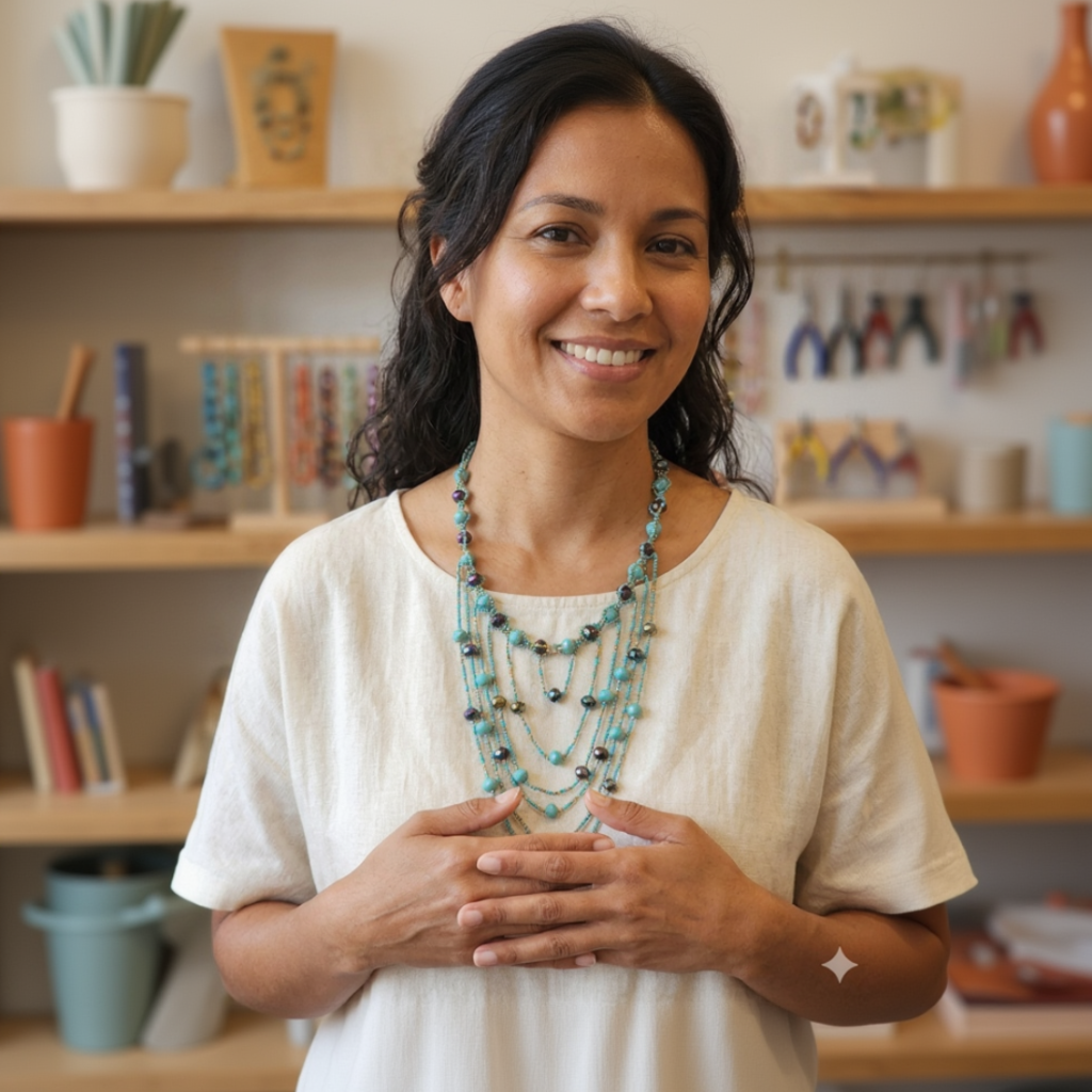 Portrait d'une femme souriante portant le collier multi-rangs turquoise sur un haut beige dans un atelier de création de bijoux.