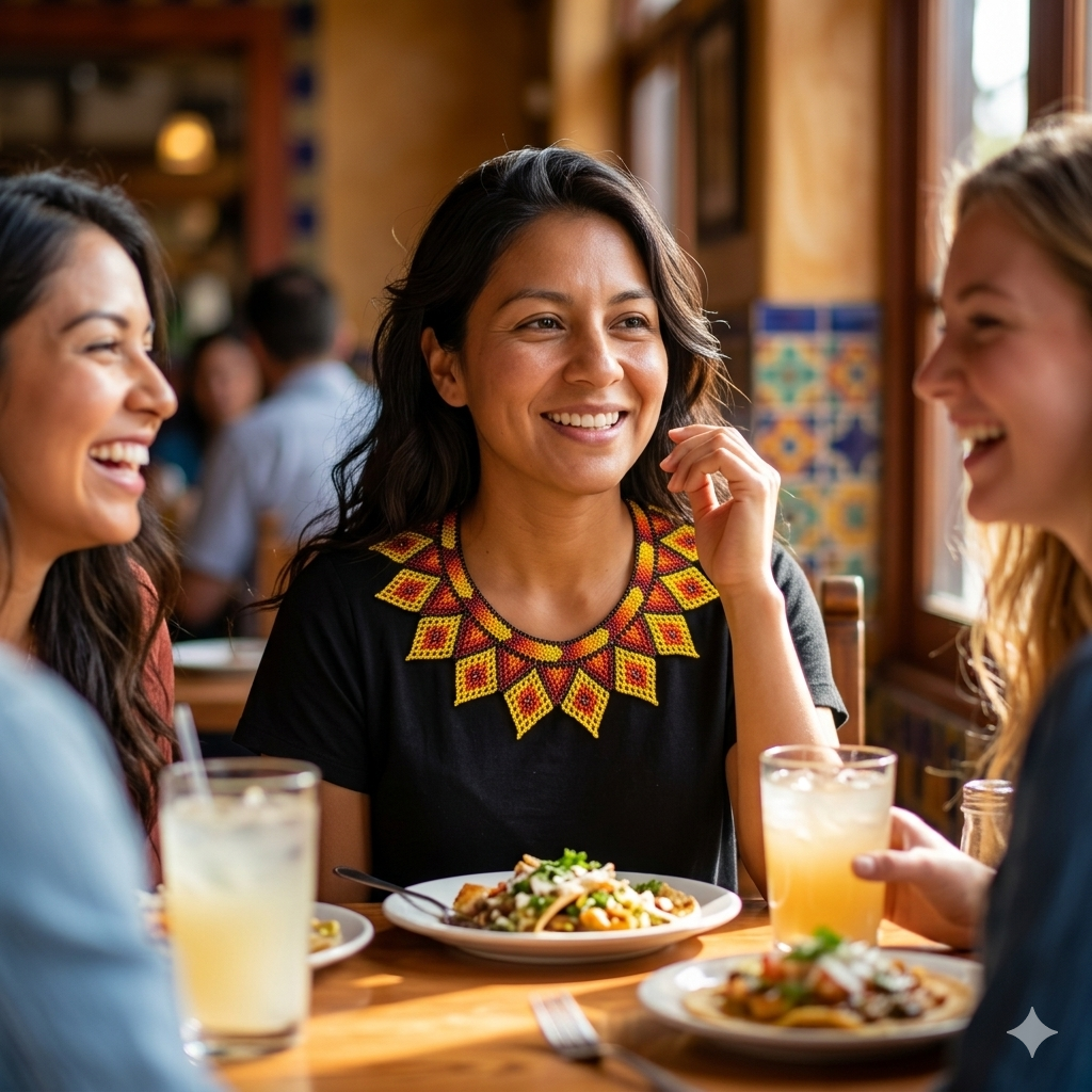 Jeune femme métisse mexicaine souriante dans un restaurant en plein air portant un collier de perles géométrique coloré.