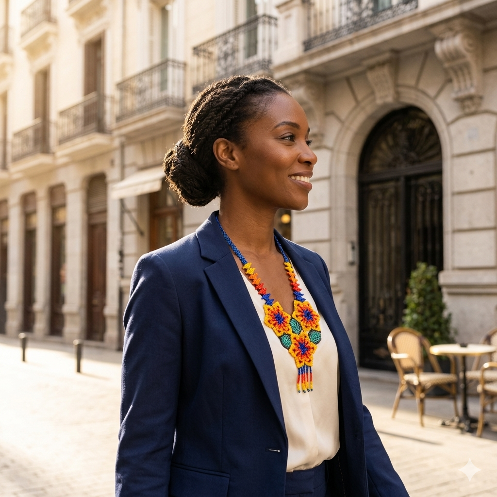 Femme d'affaires noire portant un blazer bleu marine et le collier en perles fleuri, marchant de profil dans une rue élégante de Madrid.