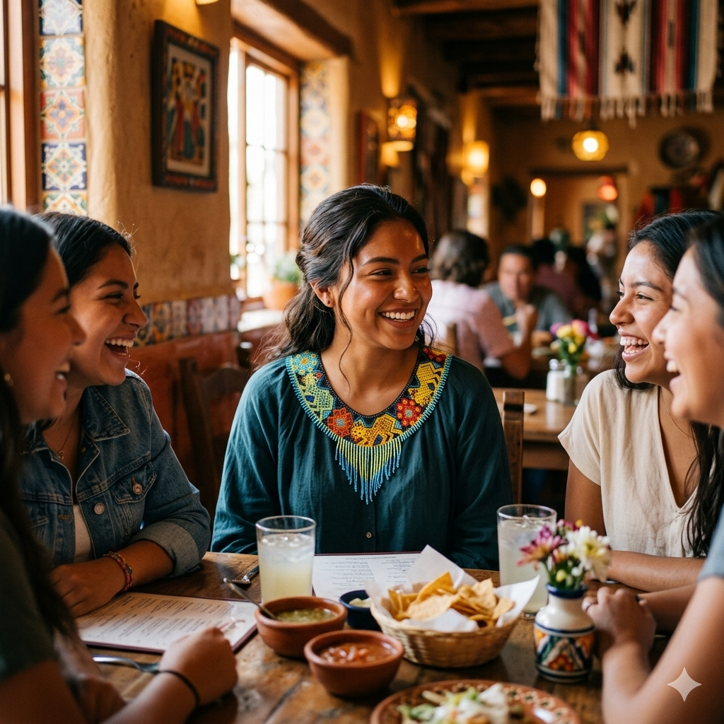 Une jeune femme mexicaine souriante au restaurant avec des amies, portant le collier de perles artisanal qui complète sa tenue décontractée.