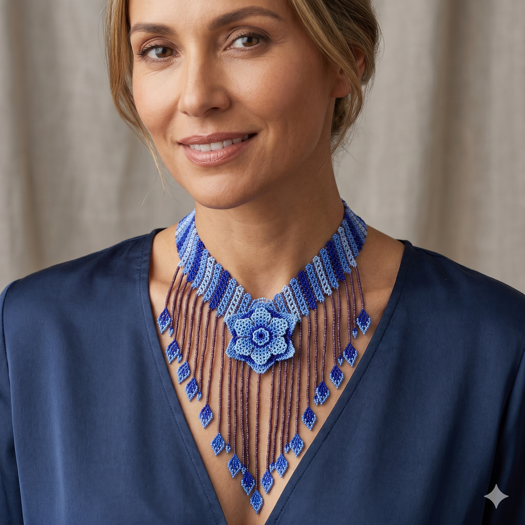 Portrait rapproché d'une femme portant un collier plastron en perles de rocaille bleues et violettes avec une rosace centrale, format carré pour boutique e-commerce.