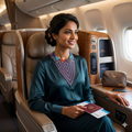 Femme  élégante portant un collier plastron en perles géométriques, assise en cabine de première classe d'un avion, look sophistiqué.