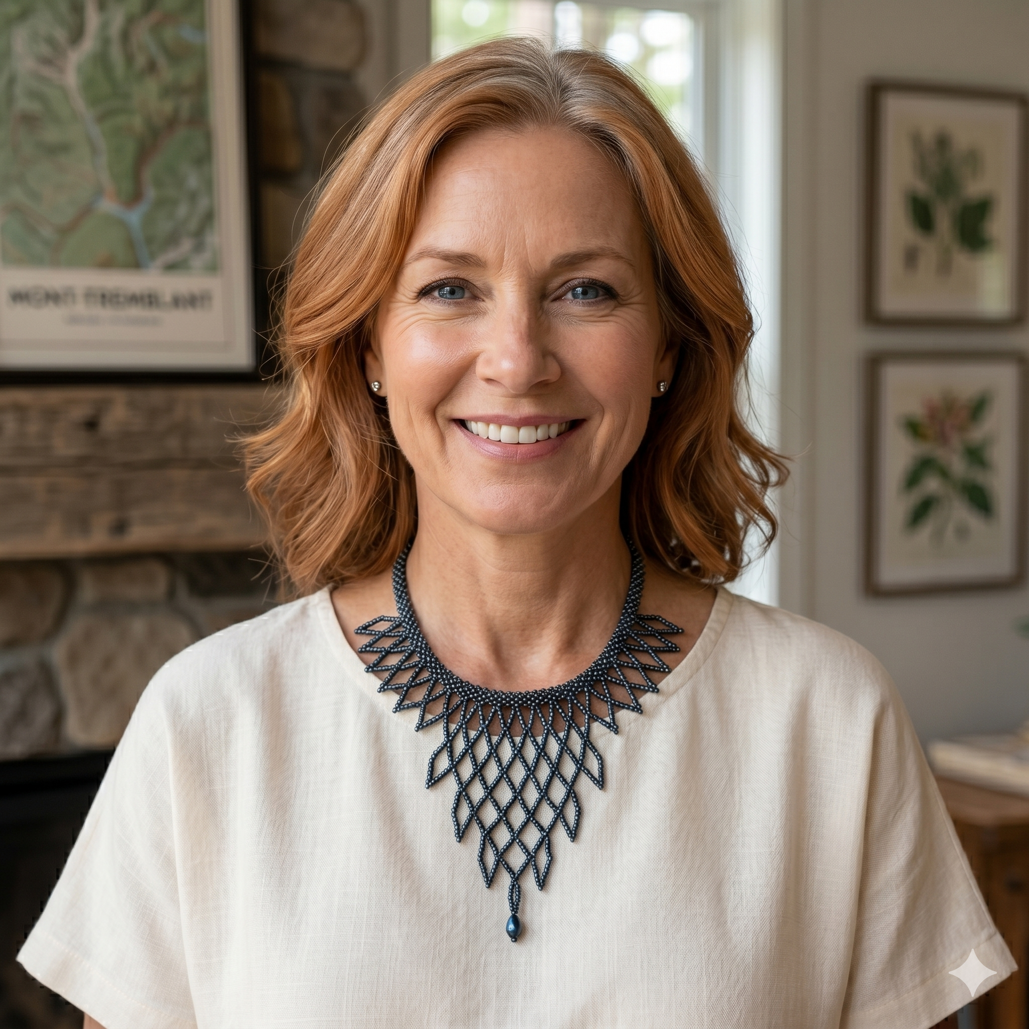 Femme  rousse portant un collier plastron en perles bleu marine sur un vêtement bleu assorti, démonstration de l'élégance artisanale quotidienne.