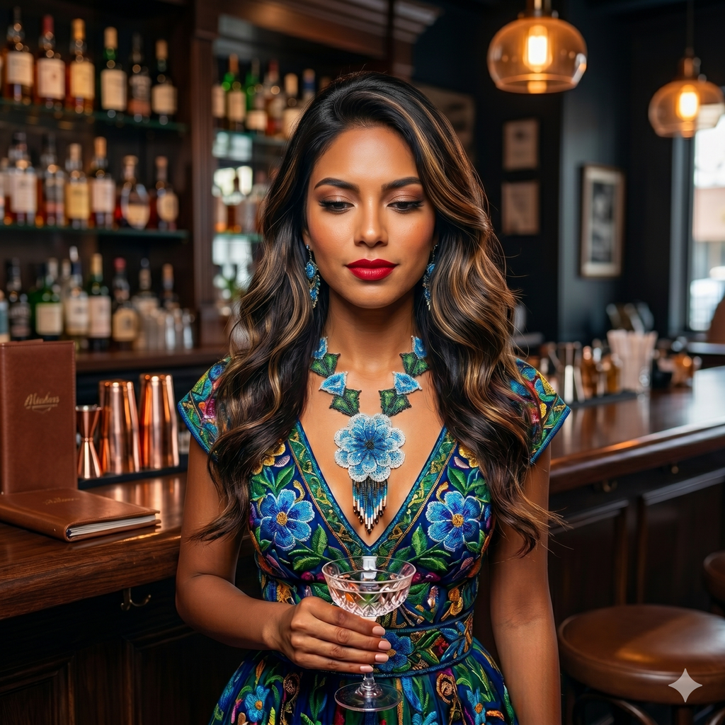 Femme mexicaine élégante dans un bar haut de gamme portant un collier plastron floral en perles bleues et une robe brodée assortie.