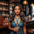 Femme mexicaine élégante dans un bar haut de gamme portant un collier plastron floral en perles bleues et une robe brodée assortie.