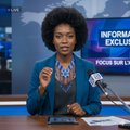 Femme journaliste avec une coiffure afro présentant un journal télévisé, portant un grand collier en perles bleues artisanales avec motif fleur centrale.