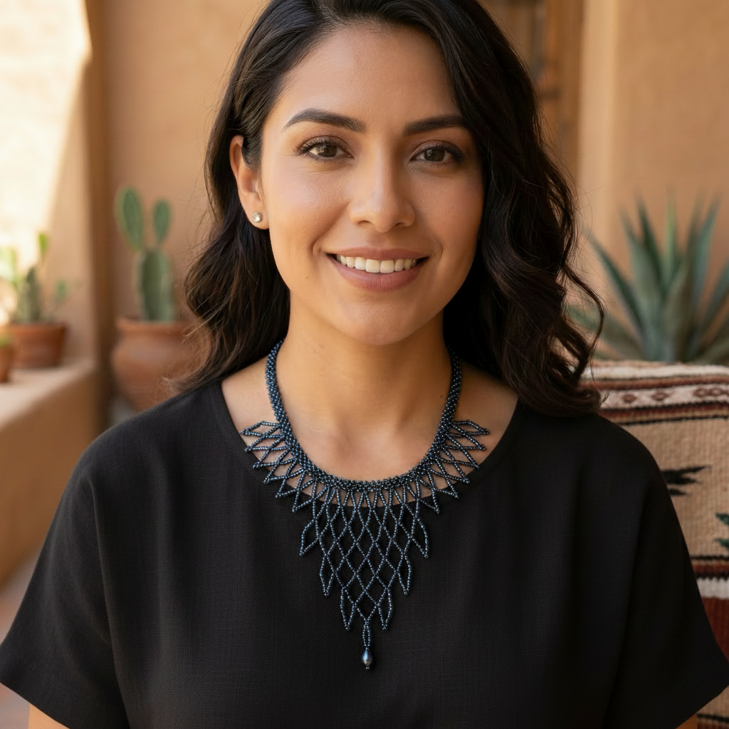 Femme mexicaine souriante portant un collier plastron artisanal en perles bleues au design géométrique, style élégant et universel.