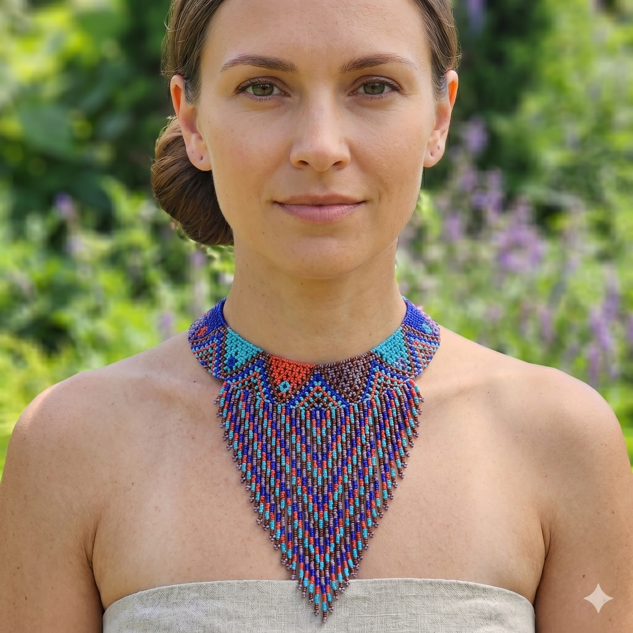 Gros plan d'un collier pectoral artisanal en perles multicolores porté par une femme sur un fond de jardin flou, style bohème chic.