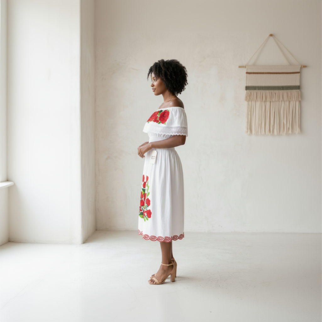 Robe Bardot Broderies Artisanales — Blanc & Roses Rouges
