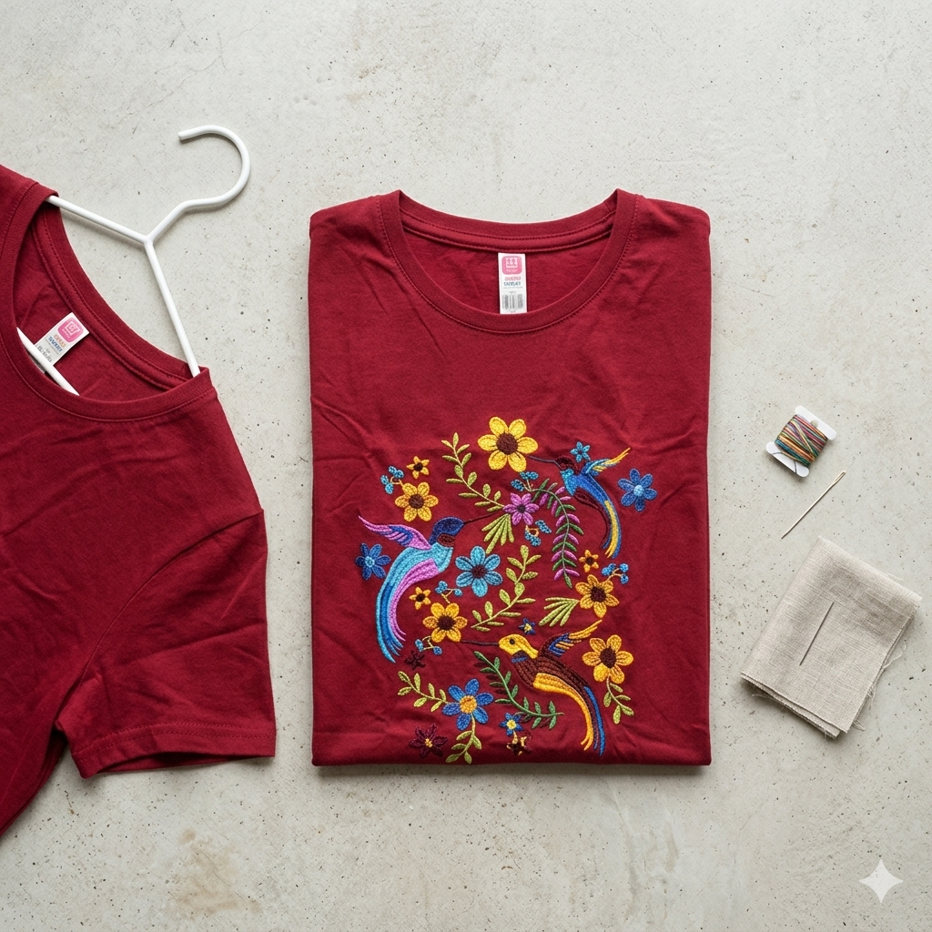 Présentation à plat (flat lay) du t-shirt rouge plié montrant la précision de la broderie florale, accompagné d'accessoires de couture sur un support professionnel.