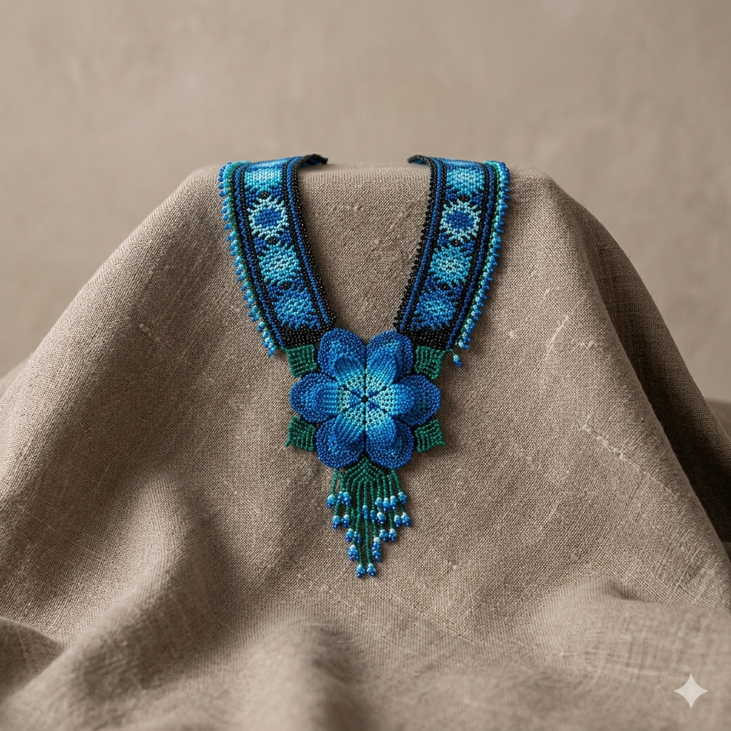 Vue rapprochée du collier perlé bleu et vert sur un tissu en lin beige texturé, mettant en valeur la précision du travail artisanal.