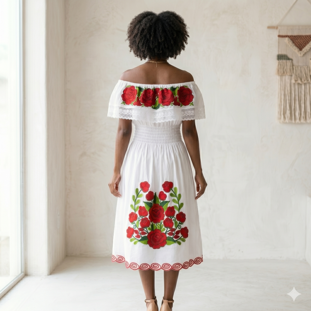 Robe Bardot Broderies Artisanales — Blanc & Roses Rouges