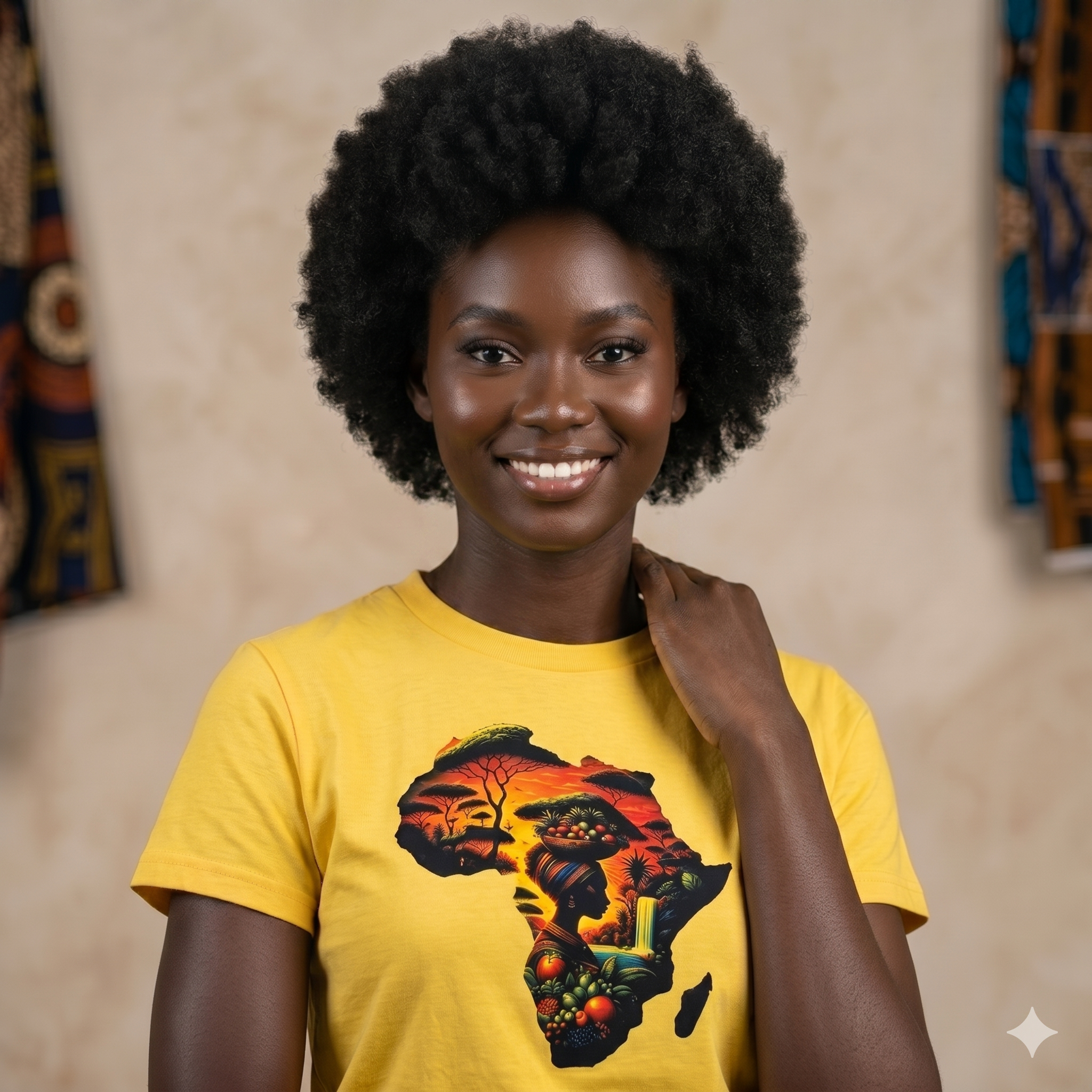 Portrait de face d'une femme avec coupe afro portant le t-shirt unisexe jaune "L'Âme de l'Afrique" avec motif artistique.