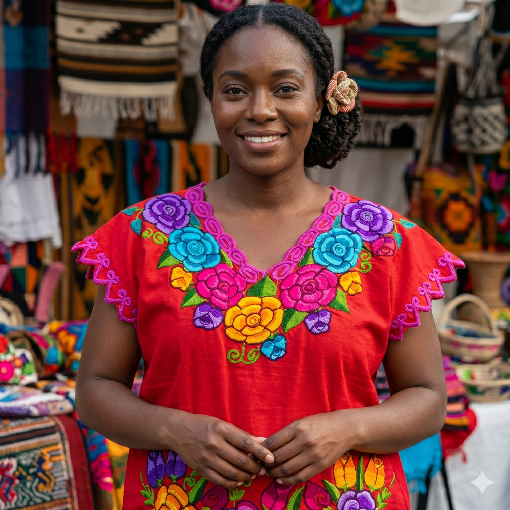 Portrait d'une femme élégante portant une blouse rouge à fleurs brodées à la main, style ethnique et coloré, format carré.