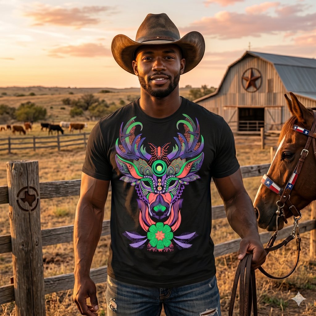 Homme musclé avec un chapeau de cowboy dans un ranch au Texas, mettant en valeur le design détaillé d'un cerf psychédélique sur un t-shirt noir ajusté.