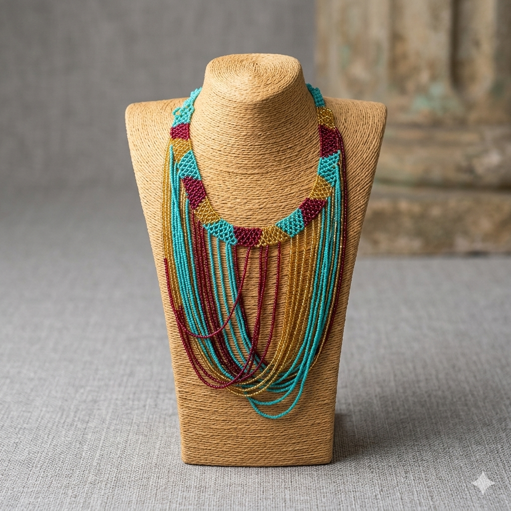 Photographie de studio en gros plan d'un collier de perles multicouches et colorées Artisanat Zenka, présenté sur un buste en toile texturée, montrant les détails artisanaux des perles turquoise, rouges et or.