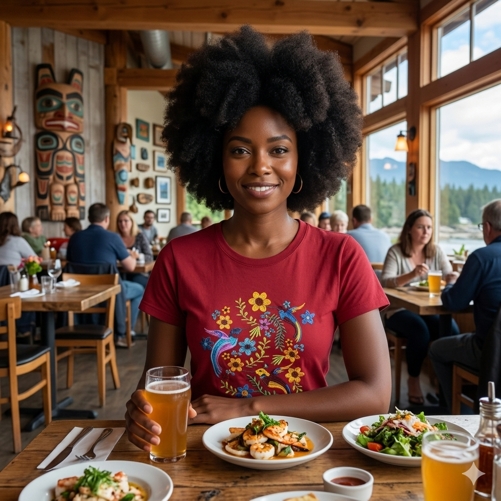 Femme avec une coiffure afro portant le t-shirt rouge brodé dans un restaurant rustique en Colombie-Britannique, assise devant un repas.