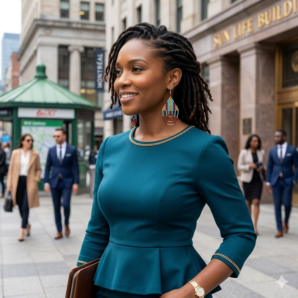 Femme d'affaires souriante dans le centre-ville de Montréal portant les boucles d'oreilles artisanales Zenka avec une robe élégante bleu canard.