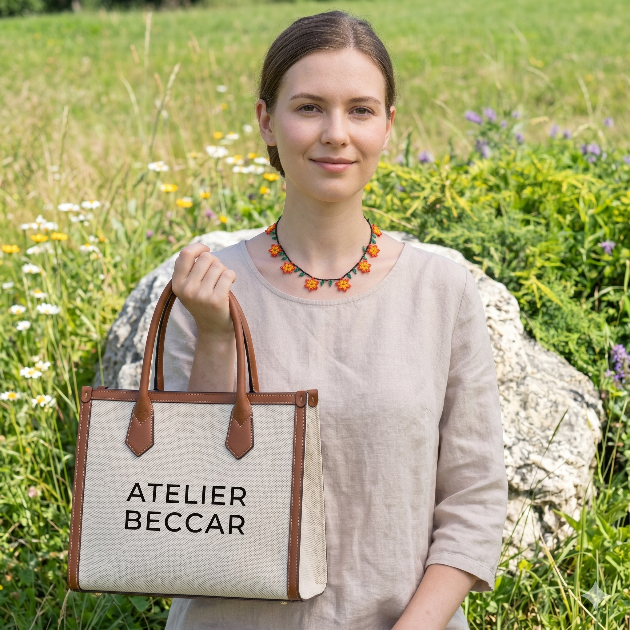 Femme présentant le collier en perles fleurs de l'Atelier Beccar, porté avec un haut en lin et complété par un sac cabas en toile de la marque. Mise en avant de l'accessoire de cou artisanal.