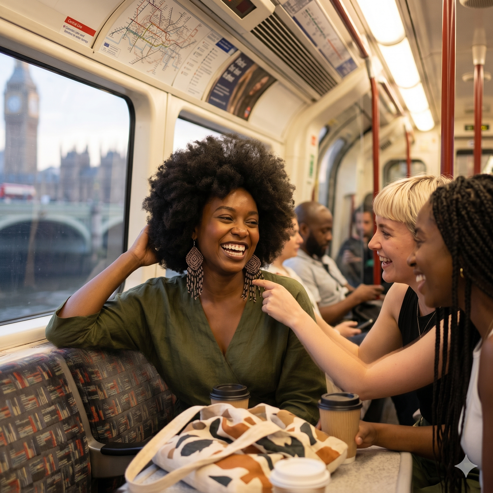 Portrait d'une femme noire avec une coupe afro portant les boucles d'oreilles Artisanat Zenka dans un train à Londres, riant avec des amies, vue sur Big Ben par la fenêtre.