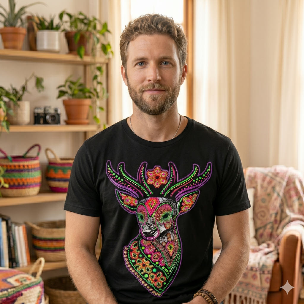 Homme  arborant le t-shirt exclusif à motif cerf géométrique, vêtement de haute qualité des Ateliers Groupe BECCAR dans un décor de salon.