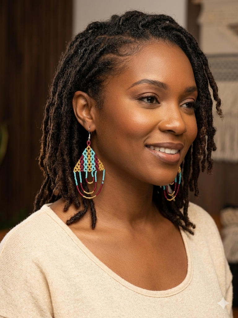 Portrait de face d'une femme portant les boucles d'oreilles colorées Artisanat Zenka, montrant la taille réelle et l'éclat des perles tissées sur un fond neutre.