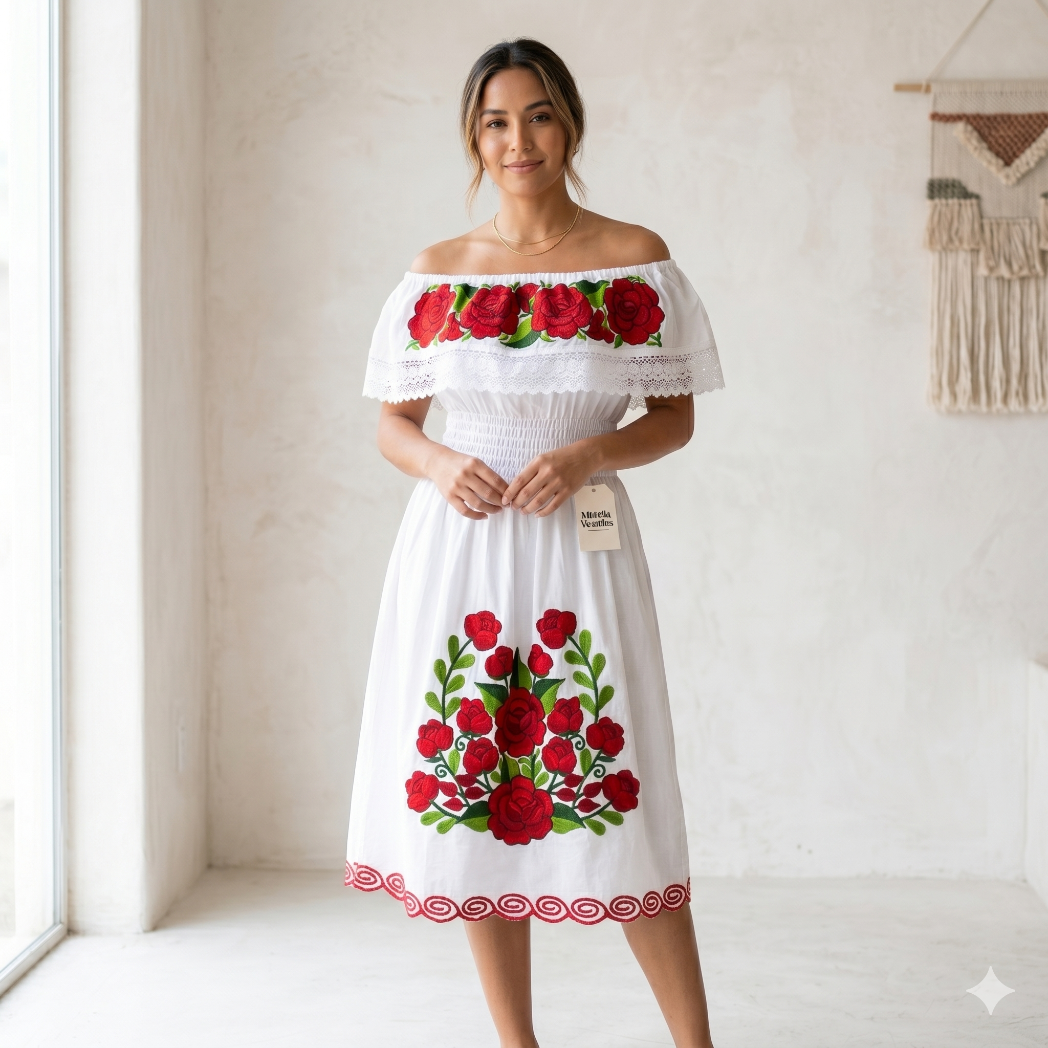 Femme élégante portant une robe blanche à col bardot avec des broderies artisanales de roses rouges sur le buste et le bas de la jupe, format carré Shopify.
