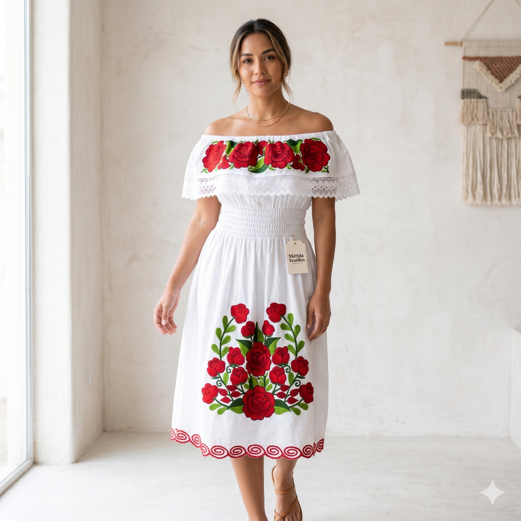 Vue de face d'une robe blanche à col bardot et taille smockée suspendue sur un cintre, mettant en évidence les broderies de roses rouges et de feuilles vertes sur le buste et le bas de la jupe.