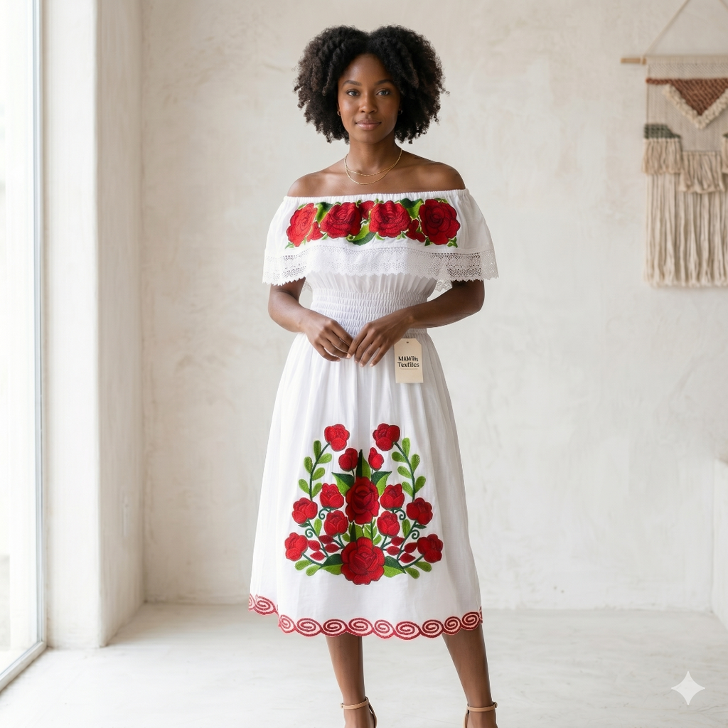 Mannequin magnifique présentant une robe d'été blanche avec taille élastique smockée et motifs floraux rouges brodés à la main, fond neutre lumineux.