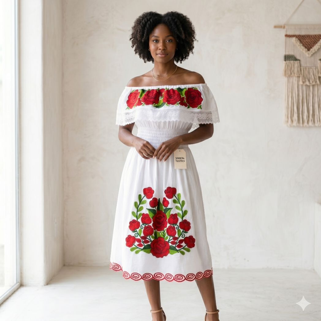 Mannequin magnifique présentant une robe d'été blanche avec taille élastique smockée et motifs floraux rouges brodés à la main, fond neutre lumineux.