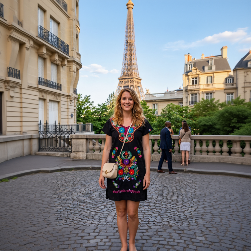 eune femme en robe brodée artisanale noire posant devant la Tour Eiffel à Paris, tenue d'été élégante et décontractée .