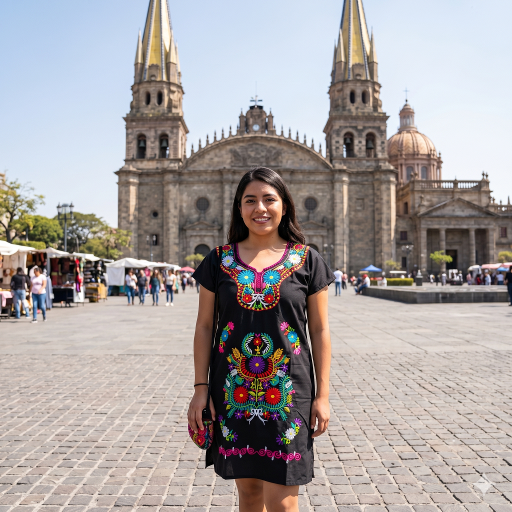 Femme mexicaine devant la cathédrale de Guadalajara portant une robe traditionnelle noire brodée de fleurs multicolores.